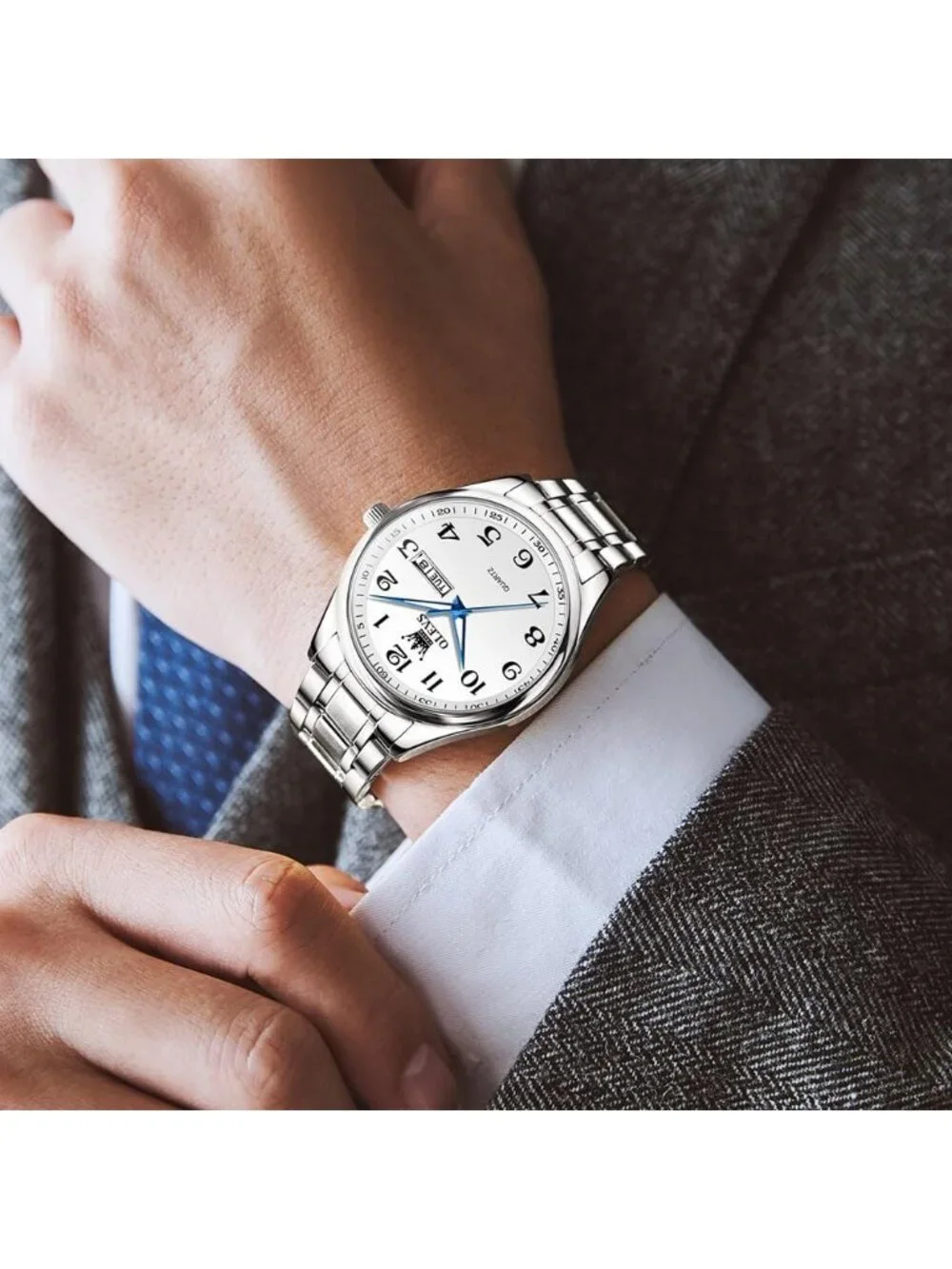 Men's Silver White Stainless Steel Analog Quartz Classic Waterproof Round Watch